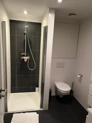 a bathroom with a shower and a toilet at Brussels European flat in Brussels