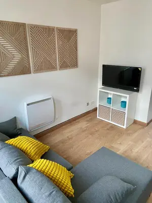 a living room with a couch and a flat screen tv at Bel appartement proche de tout in Brussels