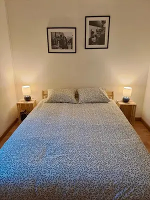 a bedroom with a large bed with two lamps at Bel appartement proche de tout in Brussels