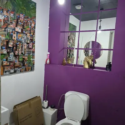 a purple bathroom with a toilet and a window at Balacobaco in Brussels