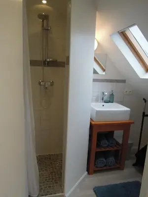 a bathroom with a sink and a shower at Sous un toit perché in Grez-Doiceau