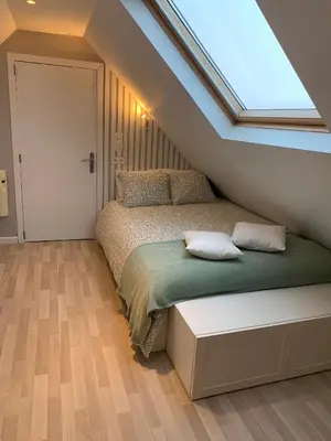 a attic bedroom with a bed and a skylight at Sous un toit perché in Grez-Doiceau