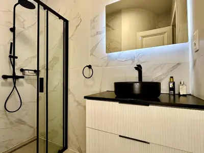 a bathroom with a shower with a sink and a mirror at Luxury Suites Royal by Rikas Hotels in Antwerp