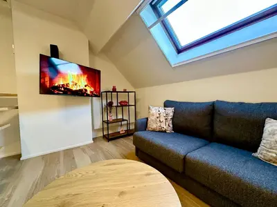 a living room with a couch and a flat screen tv at Luxury Suites Royal by Rikas Hotels in Antwerp
