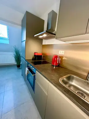 a kitchen with a sink and a red appliance at Luxury Suites Royal by Rikas Hotels in Antwerp