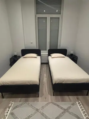 two twin beds in a room with a window at Appartement Leyla in Brussels