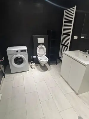a bathroom with a toilet and a washing machine at Appartement Leyla in Brussels