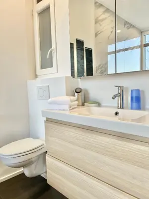 a bathroom with a toilet and a sink at Lovely loft in Panoramic View! in Brussels