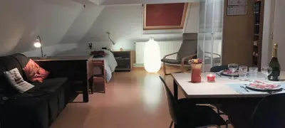 a living room with a couch and a table at Cosy apartment in Brasschaat near Antwerp in Brasschaat