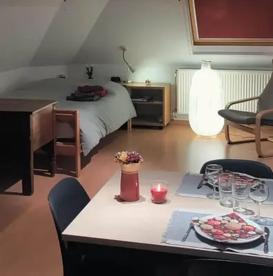 a room with a bed and a table with a plate of food at Cosy apartment in Brasschaat near Antwerp in Brasschaat