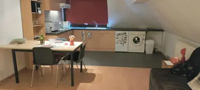 a kitchen with a table and chairs in a room at Cosy apartment in Brasschaat near Antwerp in Brasschaat