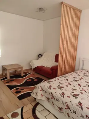 a bedroom with a bed and a couch and a table at Lisbethe in Brussels