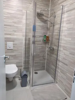 a shower stall in a bathroom with a toilet at Lisbethe in Brussels
