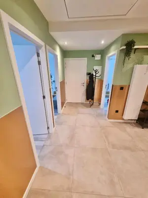 a room with green walls and a hallway with doors at Plantin 4 in Brussels