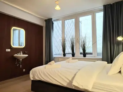 a bedroom with a bed and a sink and windows at Spacious next to Grand Place in Brussels