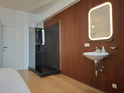a bathroom with a sink and a shower at Spacious next to Grand Place in Brussels