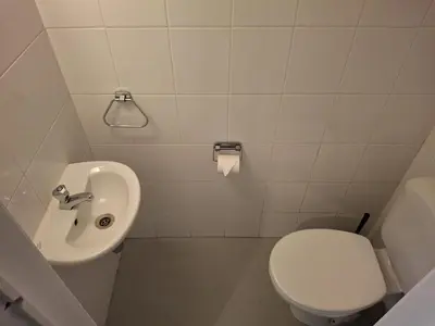 a small bathroom with a toilet and a sink at Spacious next to Grand Place in Brussels