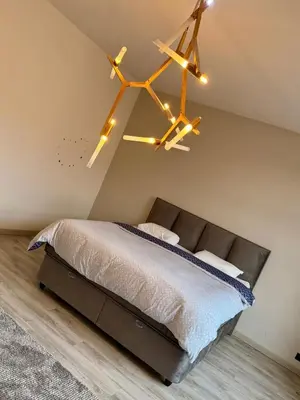 a bedroom with a bed and a chandelier at l'imperial WIFI & Confort in Brussels