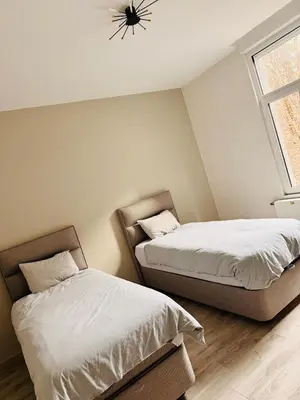 two beds sitting next to each other in a bedroom at l'imperial WIFI & Confort in Brussels