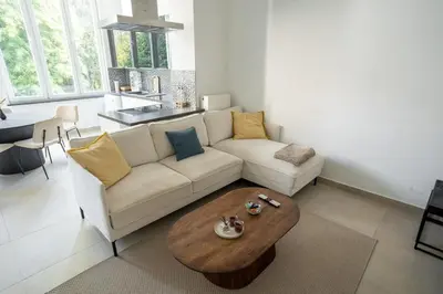 a living room with a couch and a coffee table at Cozy and luxurious apartment in Brussels, Laeken in Brussels