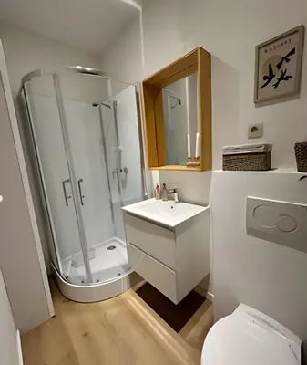 a bathroom with a shower and a sink and a toilet at Charming studio, perfect getaway in Brussels