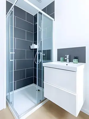a bathroom with a shower and a white sink at Studio lumineux, idéal pour séjour pro in Brussels