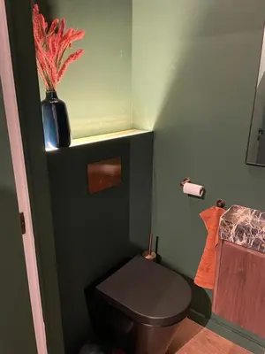 a bathroom with a black toilet and a vase on a shelf at The Green Gatsby II in Antwerp