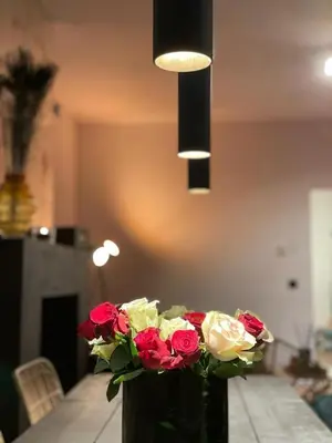 a vase filled with roses sitting on a table at The Green Gatsby II in Antwerp