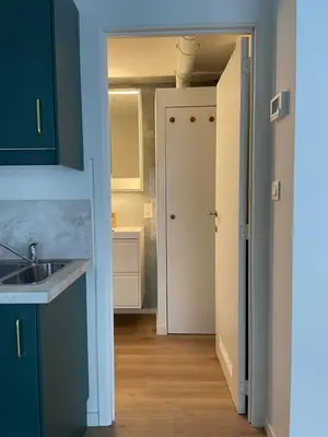 a kitchen with blue cabinets and a sink at Bright apartment with private parking near Ghent city centre in Ghent