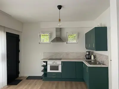 a kitchen with green cabinets and a stove at Bright apartment with private parking near Ghent city centre in Ghent