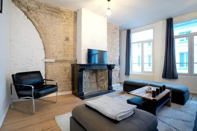 a living room with a couch and a fireplace at 2BR Apartment AA Location Antwerp in Antwerp