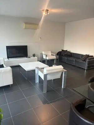 a living room with couches and tables and a tv at Charming central apartments with balcony views in Brussels