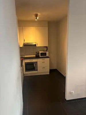 a small kitchen with a stove and a microwave at Charming central apartments with balcony views in Brussels