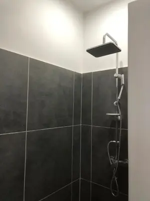 a bathroom with a shower with black tiles at Absolute Charm 3 Bedroom 3 Bathroom with AC EU District in Brussels