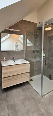 a bathroom with a sink and a shower at Blu shell house in Brussels
