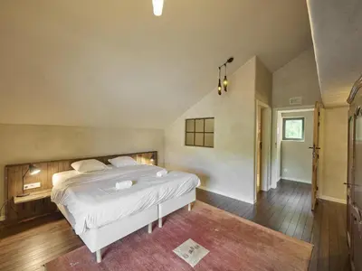 a bedroom with a large white bed and a rug at Villa Lactea in Schilde