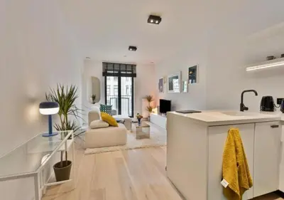 a kitchen and living room with a sink and a counter at 1BR apartment by Central Station in Antwerp
