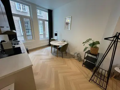 a living room with a table and chairs in it at Stadsstudio Antwerpen in Antwerp