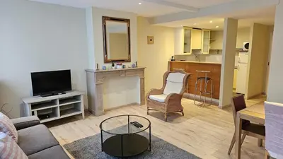 a living room with a couch and a tv and a kitchen at Bourse Grand Place in Brussels
