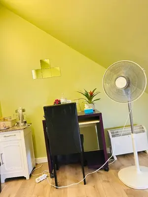 a room with a desk with a fan and a desk with a yellow wall at The Nest In Leuven -Cosy room near Brussels in Leuven