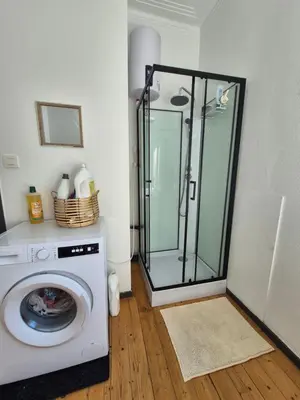 a washing machine in a room with a shower at Résidence Souverain 94 in Brussels