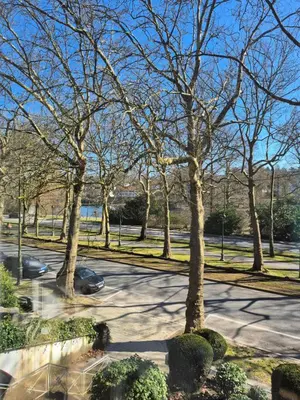 a parking lot with trees in a park at Résidence Souverain 94 in Brussels