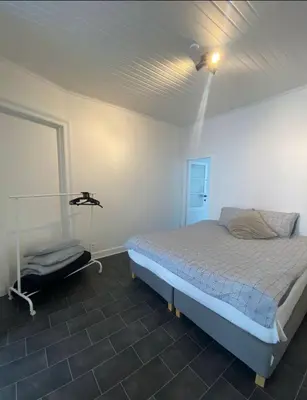 a bedroom with a bed and a ceiling fan at Grand appartement deux chambres in Brussels