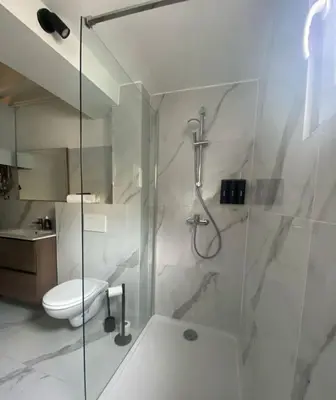 a bathroom with a glass shower with a toilet at Grand appartement deux chambres in Brussels