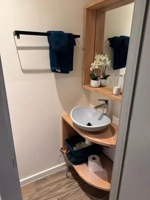 a bathroom with a sink and a mirror at DePearl in Brussels