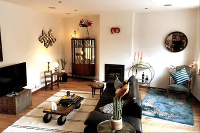 a living room with a couch and a fireplace at Stylish & Spacious Flat viewing the Lovely MAS in Antwerp