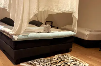 a bedroom with two beds and a rug at Stylish & Spacious Flat viewing the Lovely MAS in Antwerp