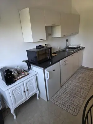 a small kitchen with a sink and a microwave at Studio cozy avec terrasse in Vilvoorde