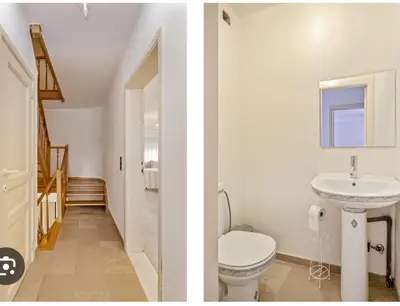 two images of a bathroom with a toilet and a sink at Ngipe's Tomorrowland in Antwerp