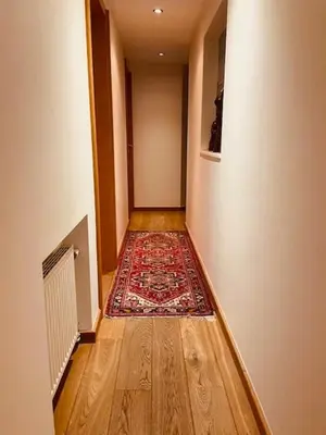 an empty hallway with a rug on a wooden floor at Charming & Spacious Duplex viewing the lovely MAS in Antwerp